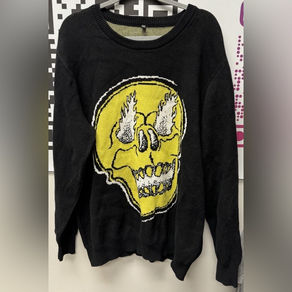 Massacre Video - Flamin Skull XXL Woven Crewneck Sweater VHS Horror Cult Gore